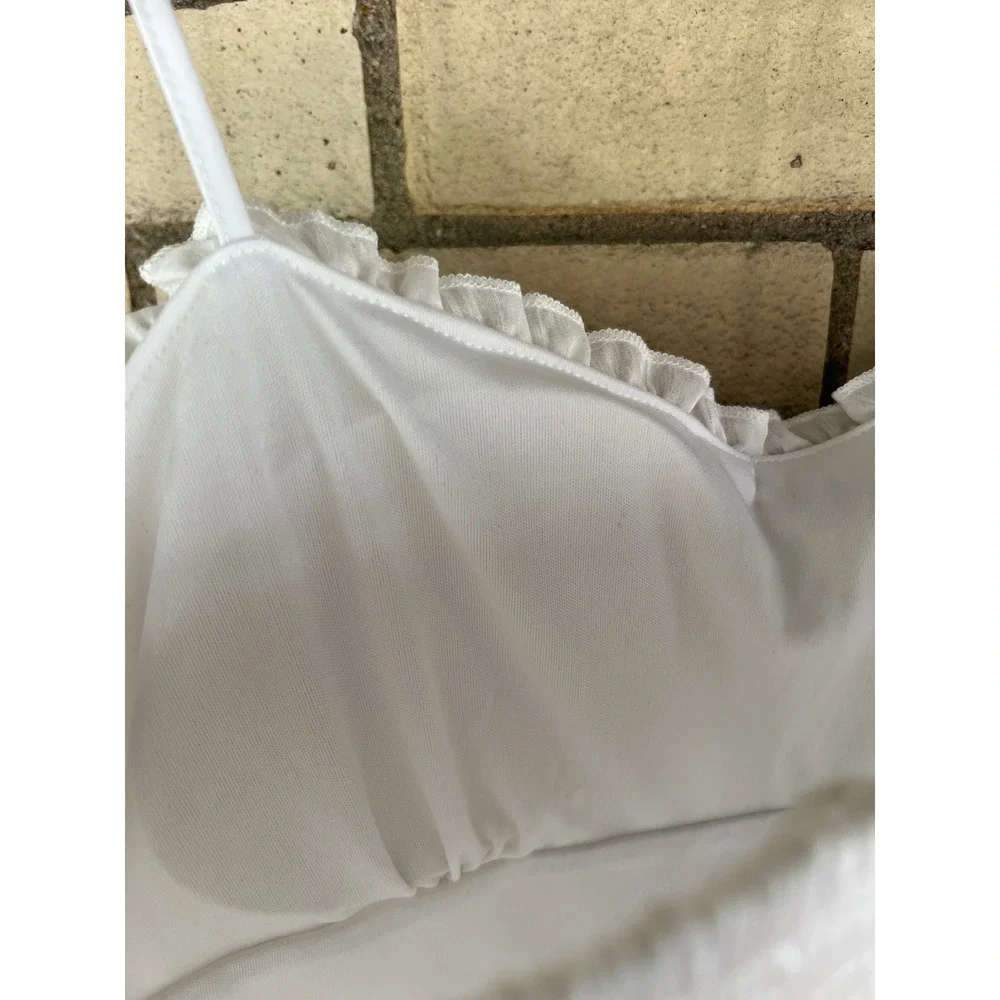 White Tiered Ruffle Mini Dress Smocked Back Party Summer Bridal Est Size Medium - Picture 3 of 4